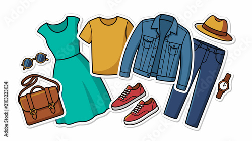 Collection of casual clothing and accessories including a dress shirt jacket