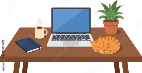 Cozy home office workspace vector, laptop computer on wooden desk with sleeping ginger cat, remote work setup with coffee and potted plant