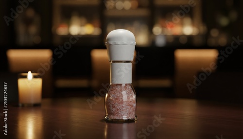 Cinematic salt mill on a dark wood table in a candlelit restaurant