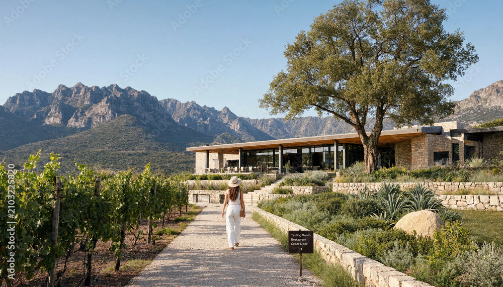 Fototapeta premium Woman strolling along a rustic path through a terraced vineyard towards a high-end mountain villa with nature lover strolling vineyard mountains lifestyle vacation outdoors landscape