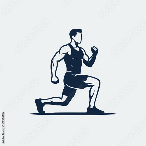Muscular man performing forward lunge exercise silhouette with fitness center exercise muscular training bodybuilding strength physical silhouette illustration movement lifestyle sportswear