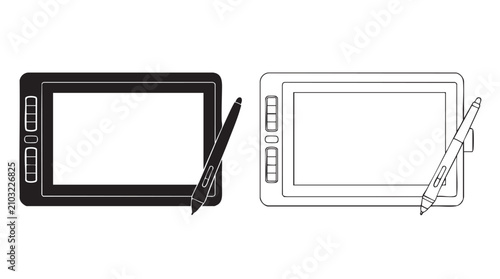 Foto drawing tablet and stylus black vector silhouette with line art pair icon