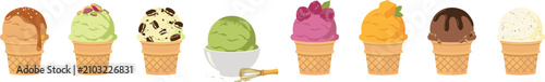 Set of various ice cream scoops in waffle cones and bowl