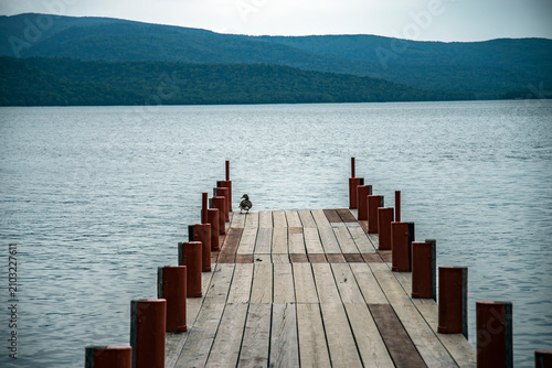 Lake Akan Wooden Pier and Mountain View in Hokkaido Japan