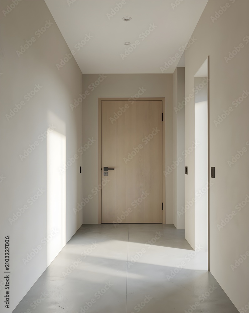 Fototapeta premium Minimalist Scandinavian Entry Hall with Wooden Door