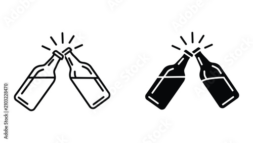 Clinking Beer Bottles Icon Set Featuring Minimalist Line Art and Solid Silhouette Vector Graphics