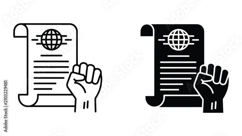 Raised Fist Holding Global Document Icon Set Representing Human Rights and Social Justice Activism