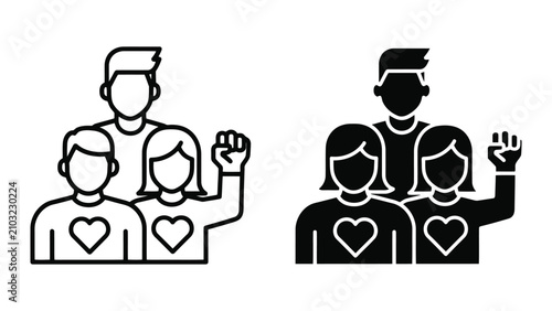 Group of People Raising Fists with Heart Symbols in a Minimalist Vector Illustration Style
