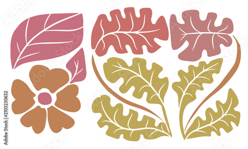 Abstract art featuring flowers and leaves in shades of pink, orange, and yellow, with a masculine feel. Transparent background.