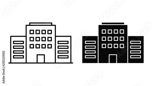 Minimalist Building Icons Featuring Outline and Solid Styles for Modern Architectural Design