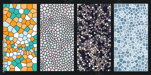 Four abstract geometric mosaic tile background patterns featuring colorful Voronoi cellular textures for graphic design backdrop
