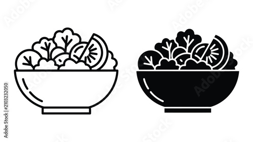 Bild auf Leinwand Fresh Vegetable Salad Bowl Icons in Outline and Silhouette Style for Healthy Foo