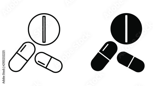 Set of Two Capsule Pills and Tablets Outline Vector Illustration on White Background
