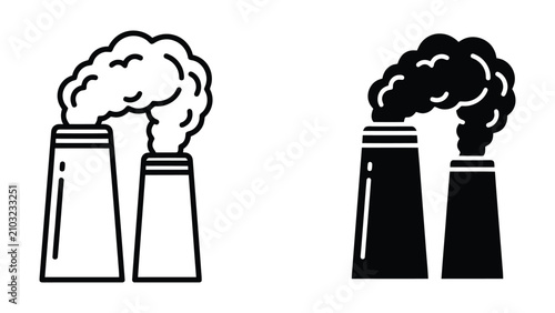 Принти на полотні Industrial Factory Chimneys Emitting Smoke Vector Icons Set in Minimalist Black