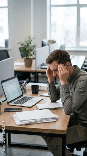 Stressed Businessman Experiencing Headache While Working In A Modern Office Environment