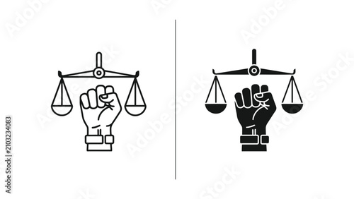 Raised Fist Holding Scales of Justice Icon Set in Minimalist Line Art and Solid Black Style