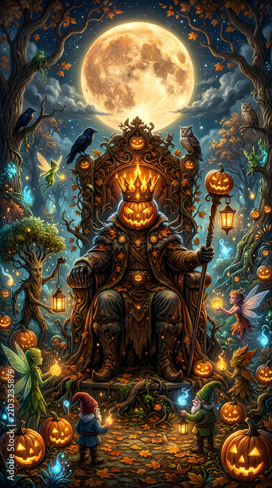 Fototapeta premium Halloween pumpkin king on throne enchanted forest fantasy with fairies and magical creatures