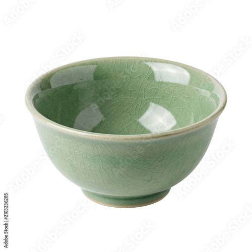 Pale green celadon ceramic bowl on transparent background
