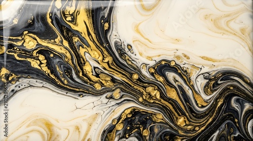 Black and white abstract marbled fluid art with streaks of shimmering gold and intricate patterns in glossy resin.