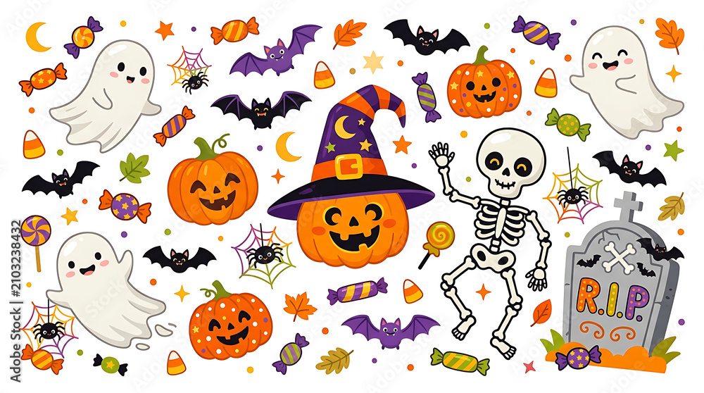 Obraz premium Halloween pattern collection with ghosts pumpkins and bats halloween skeleton