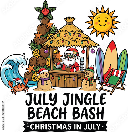 фотографія Christmas in july beach party illustration with santa claus and tropical decorat
