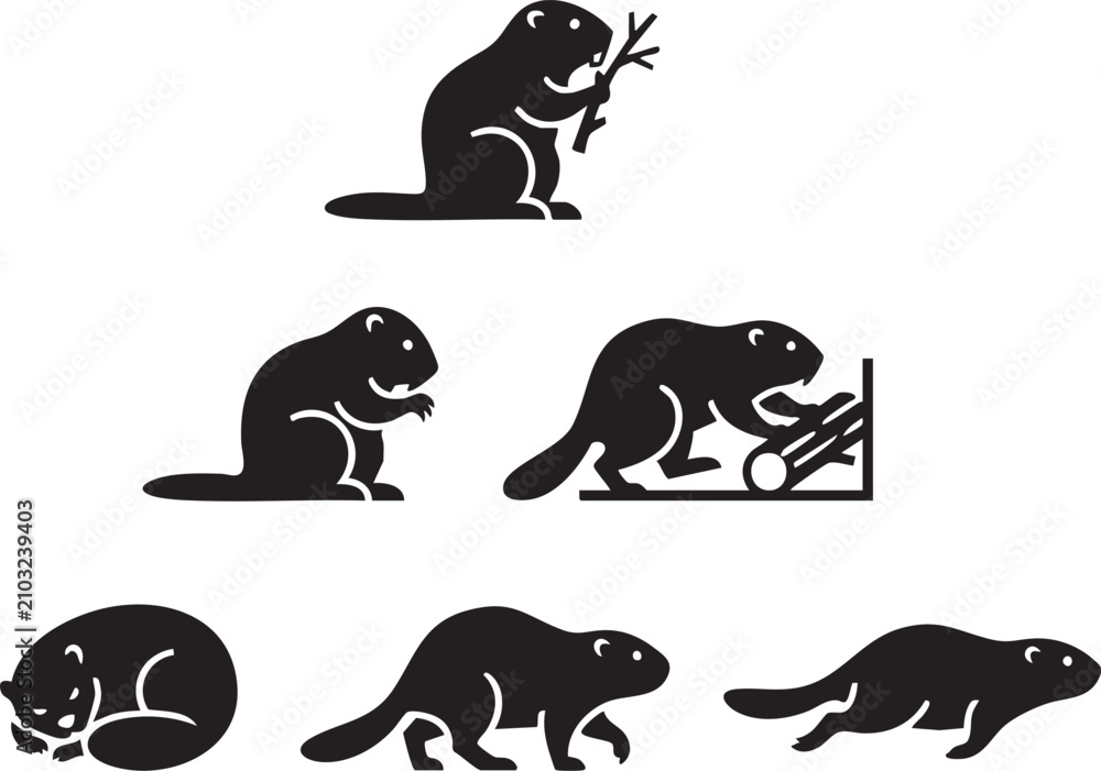 Obraz premium Set of beavers. Hand drawn vector illustration 
