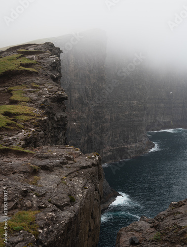 Fog-Shrouded Trælanípa Sea Cliffs Fading into Mist, Faroe Islands