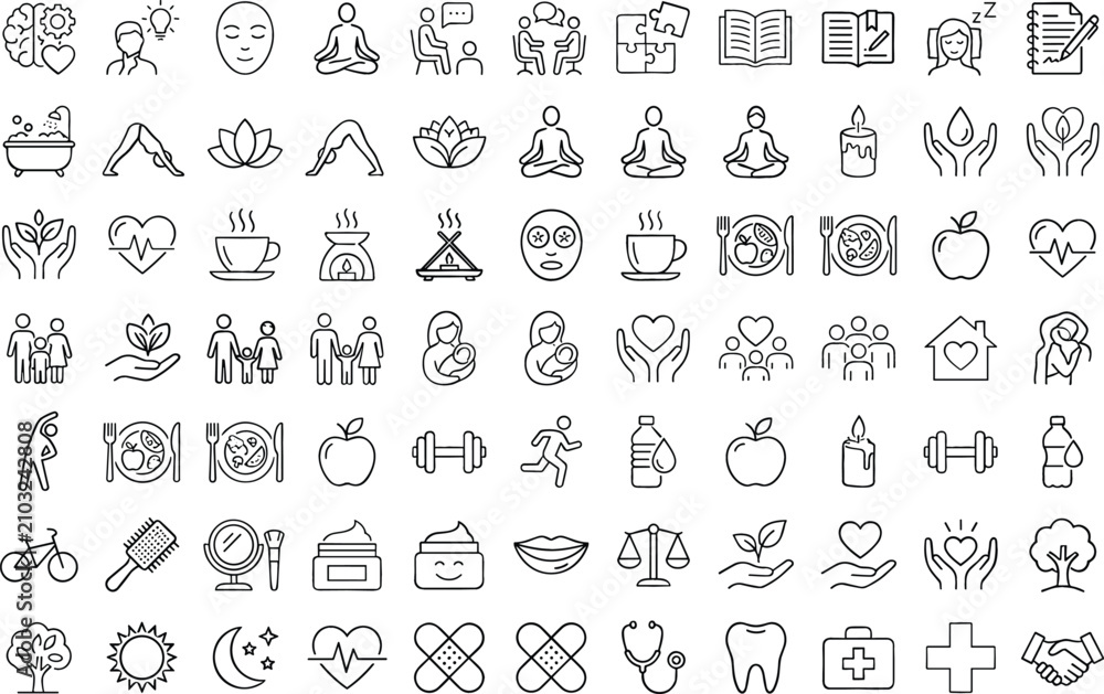 Naklejka premium Collection of wellness and healthcare icons in a grid layout against a white background with a simple line art style