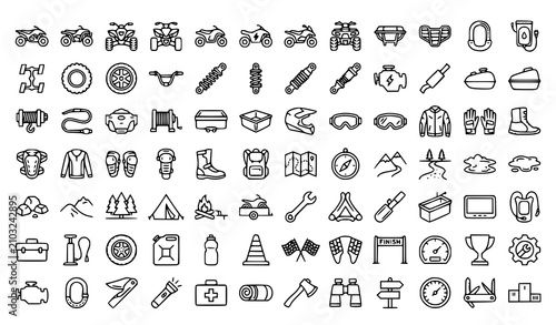 Bild auf Leinwand Motorcycle and Offroad ATV Adventure Line Icon Set Featuring Dirt Bikes Riding G