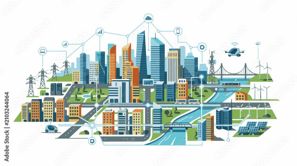 Fototapeta premium Connected modern city with sustainable energy and technology integration