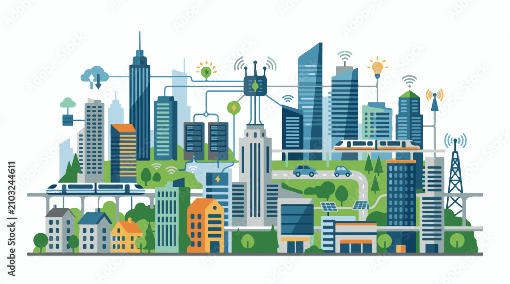 Fototapeta premium Connected modern city infrastructure with transportation and technology