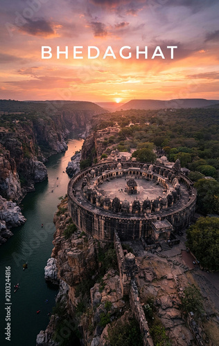 Circular Chaurasath Yogini Temple overlooking Narmada River gorge at sunset Bhedaghat