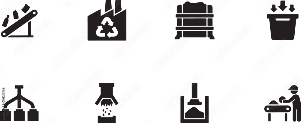 Fototapeta premium Industrial recycling and waste management showing factory conveyor belt garbage truck and recycling symbols