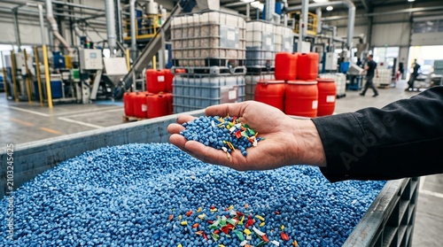 Fotografie Worker holding recycled plastic pellets in industrial plant