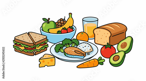 Colorful illustration of a balanced meal with fruits vegetables and protein