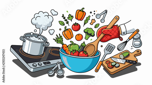 Colorful illustration of cooking with fresh vegetables and kitchen utensils