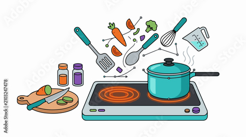 Colorful illustration of cooking with fresh vegetables and utensils