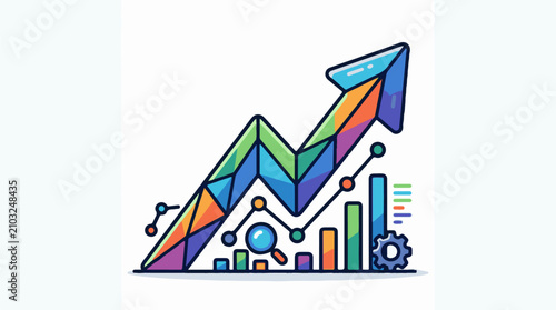 Colorful graph with rising arrow bar chart magnifying glass and gear
