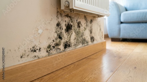 Severe black mold and peeling paint on a damp wall
