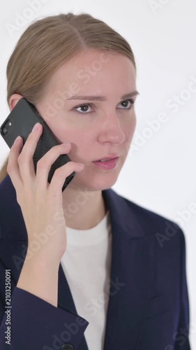 Aggressive Young Businesswoman Angry on Smartphone on White Background, Vertical Video