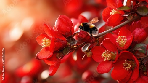 Vibrant red flowers with a bumblebee collecting nectar, showcasing the beauty of nature in spring, with a blurred background creating a harmonious and colorful scene