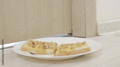 Putting in Front of the Door a Plate with Toast Spread, Butter, Cheese, Honey and Nuts for a Hungry Person. Food Delivered in Front of the Door.