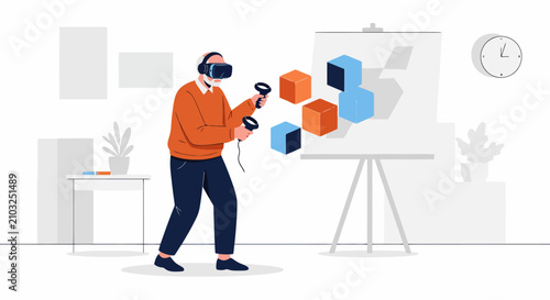 Elderly man uses VR headset and controllers to interact with virtual 3D cubes.