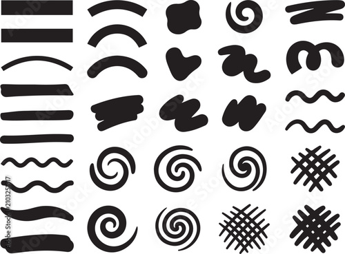 Grunge thick brush strokes, marker lines and swirls vector set