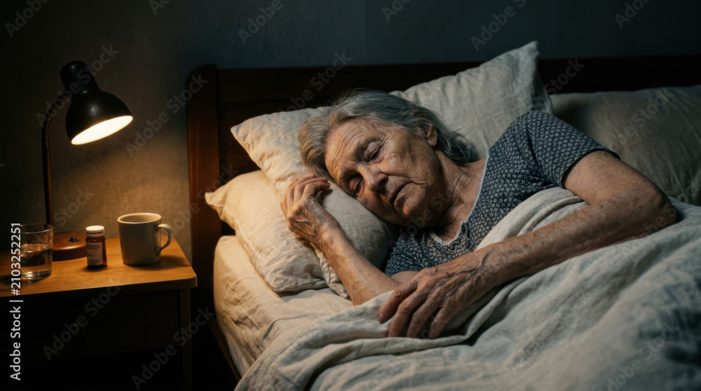 Fototapeta premium Elderly Woman Resting Peacefully Next To Bedside Table With Lamp And Medicine At Nighttime Serenity