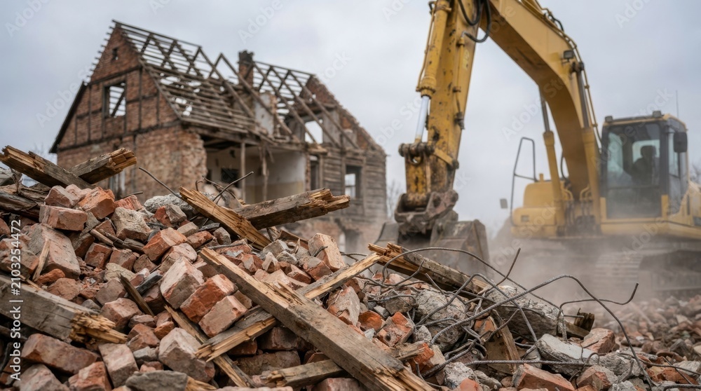 Fototapeta premium Excavator demolishing an old brick house at a construction site