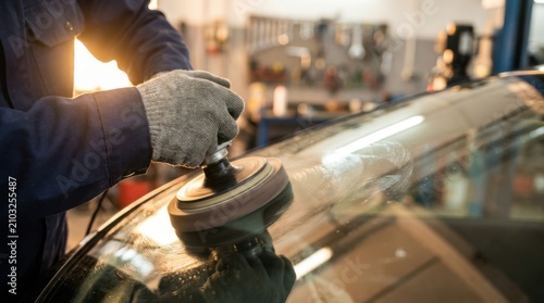 Auto mechanic polishing a car windshield