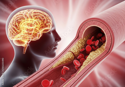 Illustration showing human brain silhouette next to blocked blood vessel demonstrating medical condition of atherosclerosis inside human anatomy.