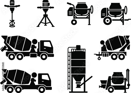 Concrete Mixer Truck And Silo Storage Tower Silhouette Set For Industrial Cement Plant
