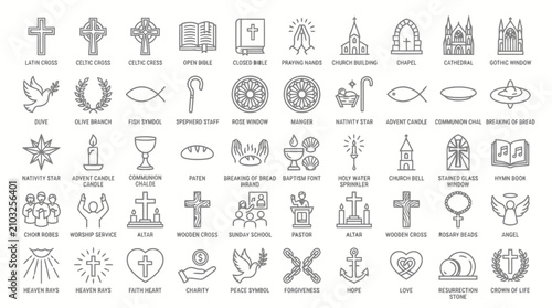 Set of christian icons featuring cross bible church cathedral and other religious symbols.